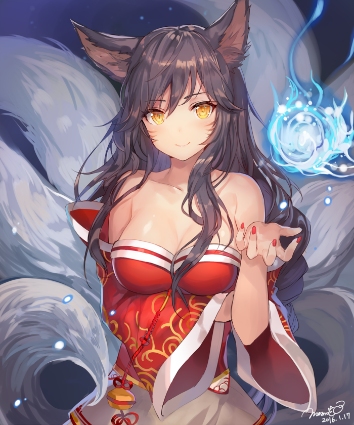 1girl ahri animal_ears bangs bare_shoulders blue_fire breast_hold breasts brown_hair cleavage dated detached_sleeves facial_mark fingernails fire fox_ears fox_tail korean_clothes large_breasts league_of_legends long_hair looking_at_viewer magic momoko_(momopoco) multiple_tails nail_polish red_nails revision signature smile solo tail whisker_markings yellow_eyes