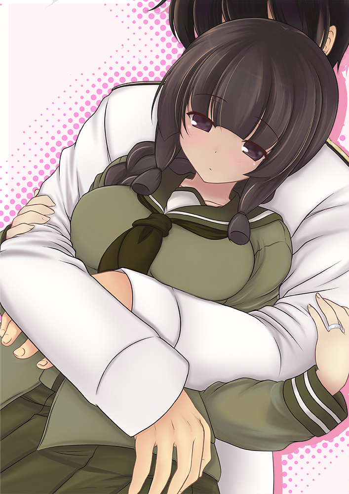 1boy 1girl admiral_(kantai_collection) blush breasts brown_eyes brown_hair couple hug hug_from_behind kantai_collection kiri_(foxsnake) kitakami_(kantai_collection) school_uniform serafuku short_hair