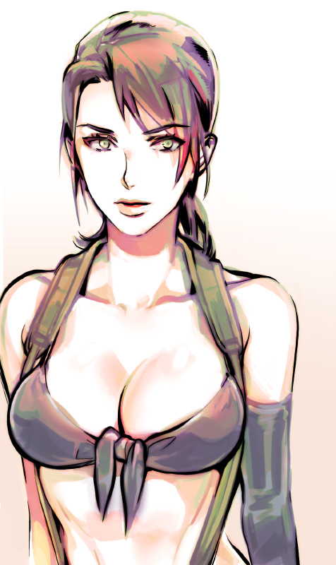 1girl bikini black_bikini black_gloves breasts brown_background brown_hair cleavage collarbone front-tie_bikini front-tie_top gloves gradient gradient_background green_eyes looking_at_viewer metal_gear_(series) metal_gear_solid metal_gear_solid_v open_mouth ponytail quiet_(metal_gear) single_elbow_glove solo suspenders swimsuit upper_body white_background yurizuka_(sergeant_heart)