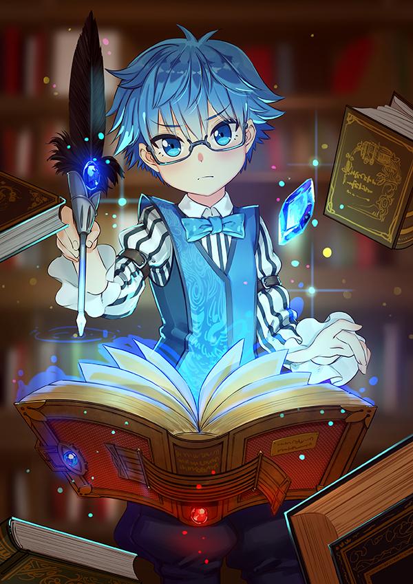 1boy blue_eyes blue_hair book bowtie caster_(fate/extra_ccc) crystal fate/grand_order fate_(series) glasses quill short_hair solo vest zhanzheng_zi