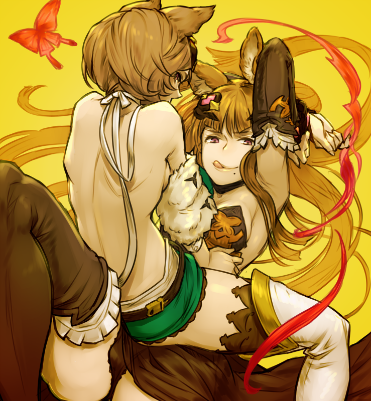 2girls :q animal_ears armpits arms_up back bangs bare_back bare_shoulders belt black_boots black_legwear black_panties blonde_hair boots breasts brown_hair butterfly cleavage detached_sleeves frills fur_trim granblue_fantasy hair_ornament leotard long_hair looking_at_viewer looking_back lying metella_(granblue_fantasy) mole mole_under_mouth multiple_girls on_back on_person panties pantyshot pantyshot_(lying) red_eyes ribbon robo8 short_hair shorts siblings sideboob simple_background sisters sitting sitting_on_person smile stella_(granblue_fantasy) thigh-highs thigh_boots tongue tongue_out twintails underwear very_long_hair white_boots white_legwear white_ribbon yellow_background yuri