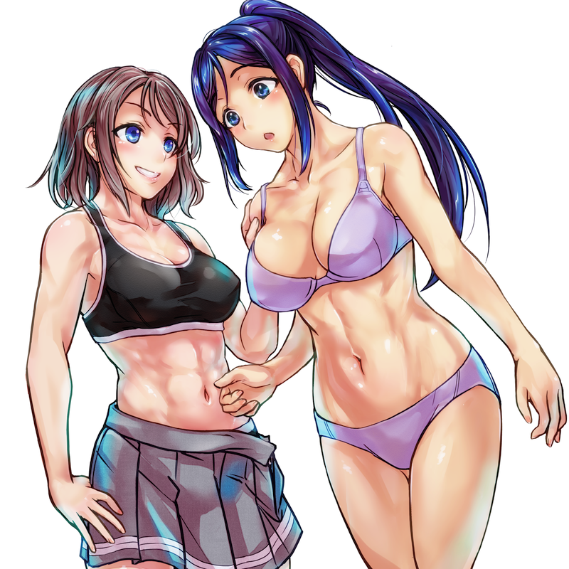 2girls bare_shoulders blue_eyes blue_hair blush bra brown_hair grin hand_on_another's_shoulder long_hair looking_at_another love_live!_school_idol_project love_live!_sunshine!! matsuura_kanan midriff misogi multiple_girls navel open_mouth panties ponytail short_hair skirt smile sports_bra underwear undressing watanabe_you