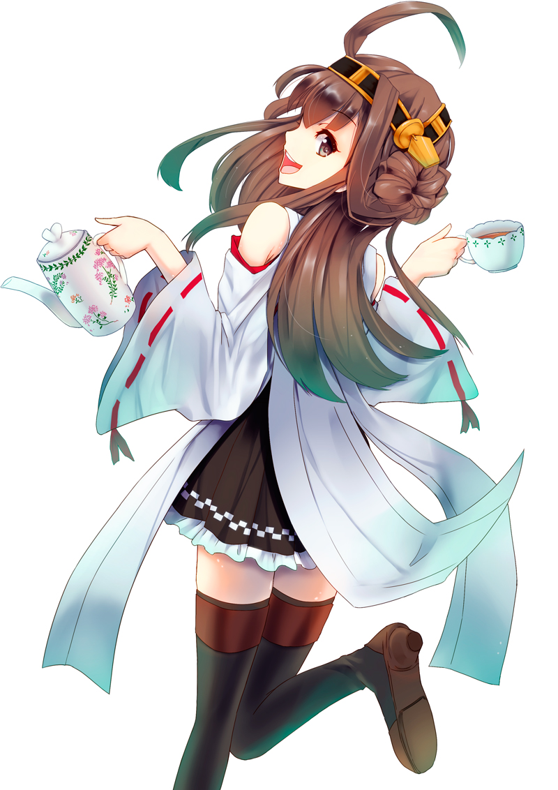 1girl black_legwear black_skirt brown_eyes brown_hair detached_sleeves holding_cup kantai_collection kongou_(kantai_collection) konkito long_hair open_mouth pleated_skirt simple_background skirt solo thigh-highs white_background