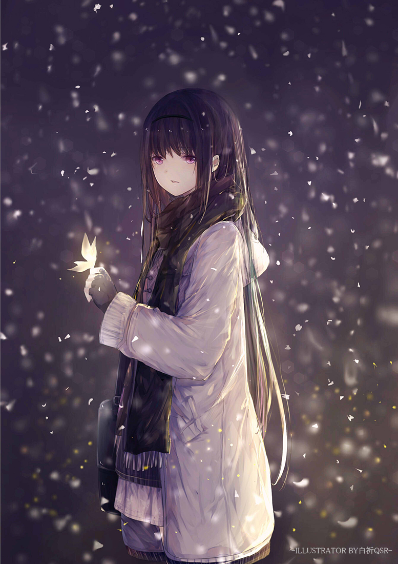 1girl akemi_homura alternate_costume artist_name bag bai_qi-qsr bangs black_gloves black_hair black_scarf blurry butterfly_on_hand cowboy_shot depth_of_field fingerless_gloves fringe from_side gloves glowing_butterfly hairband hood hood_down hooded_jacket jacket long_hair long_sleeves mahou_shoujo_madoka_magica open_clothes open_jacket parted_lips scarf shoulder_bag snowing solo very_long_hair violet_eyes winter