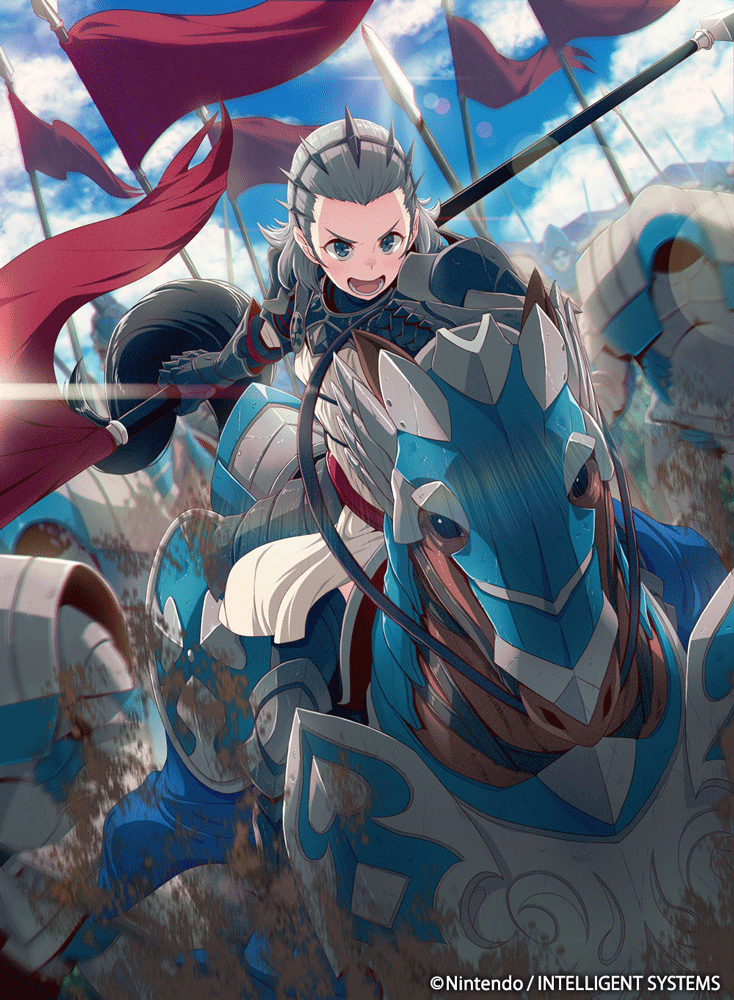 1girl armor blue_eyes faceless faceless_male fire_emblem fire_emblem_cipher fire_emblem_if flag gauntlets gloves grey_hair horse lance official_art open_mouth polearm solo sophie_(fire_emblem_if) weapon