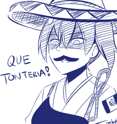 1girl fake_mustache hair_between_eyes hat japanese_clothes kaga_(kantai_collection) kantai_collection lowres mexican_flag monochrome muneate rexlent ribbon shaded_face simple_background sketch solo sombrero source_request spanish translated white_background