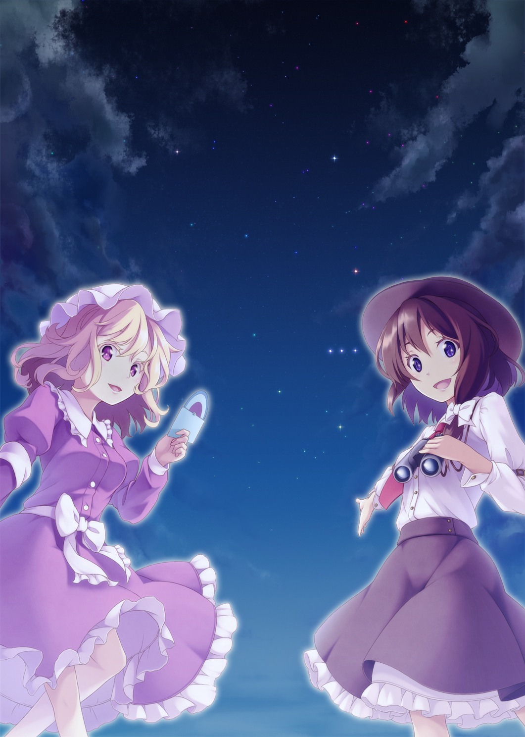 2girls binoculars blonde_hair bow brown_eyes brown_hair dress hair_bow hat hat_bow hat_ribbon highres maribel_hearn midorino_eni mob_cap multiple_girls necktie night purple_dress ribbon short_hair sky star_(sky) touhou usami_renko violet_eyes