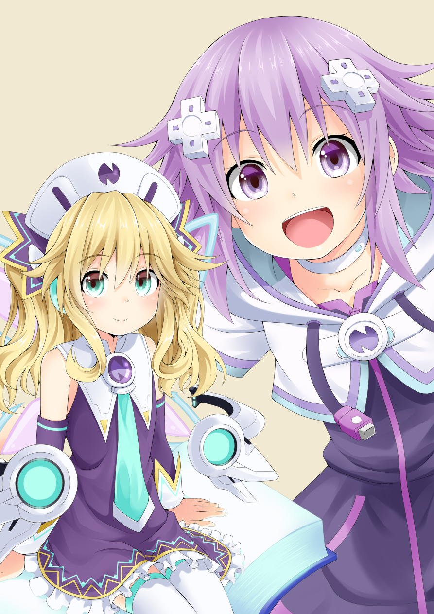 2girls blonde_hair blue_eyes book choker d-pad hair_ornament hat highres histoire hood hoodie jacket long_hair looking_at_viewer multiple_girls neptune_(choujigen_game_neptune) neptune_(series) oekakizuki open_mouth purple_hair short_hair smile twintails violet_eyes wings