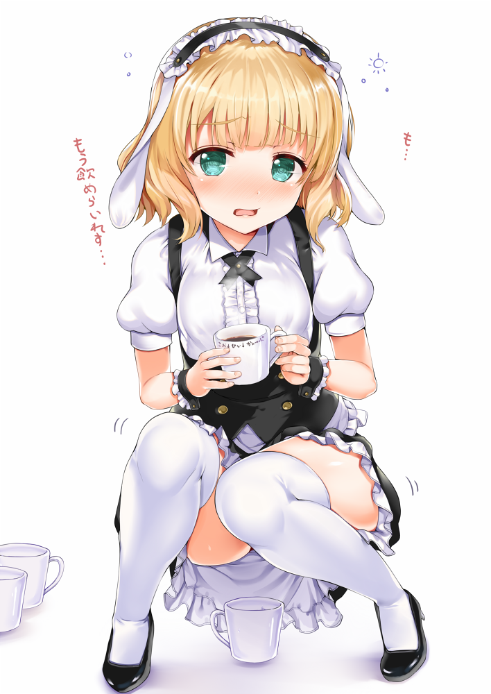 1girl animal_ears arudehido blonde_hair blush coffee_cup commentary fake_animal_ears fleur_de_lapin_uniform full_body gochuumon_wa_usagi_desu_ka? green_eyes hairband kirima_sharo lolita_hairband looking_at_viewer open_mouth puffy_short_sleeves puffy_sleeves rabbit_ears shirt short_sleeves simple_background skirt skirt_set solo squatting thigh-highs thighs translated vest waitress white_background white_legwear