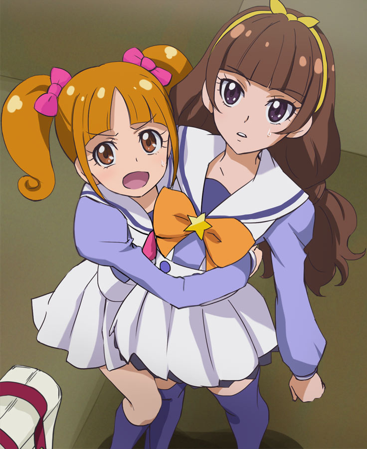 2girls amanogawa_kirara brown_eyes brown_hair go!_princess_precure hairband haruyama_kazunori hug ichijou_ranko long_hair multiple_girls precure purple_legwear school_uniform short_hair skirt star thigh-highs twintails violet_eyes white_skirt