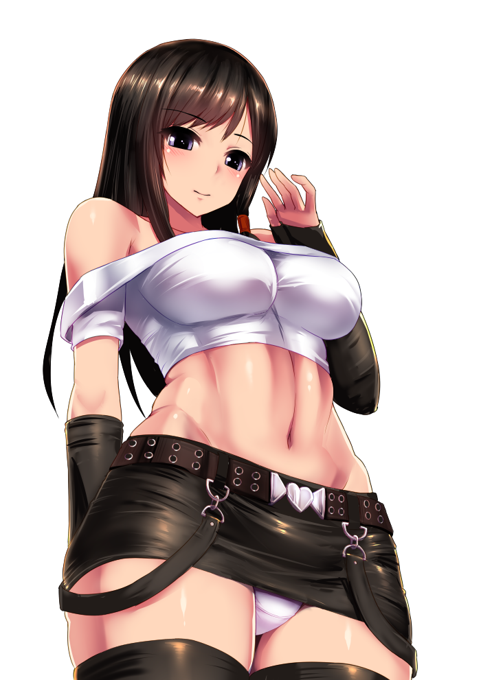 1girl bangs bare_shoulders belt black_gloves black_legwear black_skirt blue_eyes blush breasts brown_hair buckle closed_mouth cowboy_shot crop_top dead_or_alive eyebrows eyebrows_visible_through_hair fingerless_gloves from_below gloves groin hair_tubes heart ishimiso_(ishimura) kokoro_(doa) large_breasts long_hair looking_down midriff miniskirt navel panties pantyshot pantyshot_(standing) simple_background skirt smile solo standing stomach suspender_skirt suspenders swept_bangs thigh-highs underwear upskirt white_background