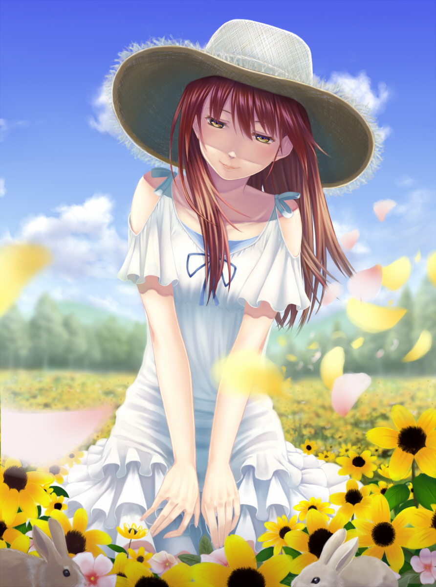 1girl brown_hair dress hat highres koko_(koko3) long_hair original outdoors rabbit smile solo sundress white_dress yellow_eyes