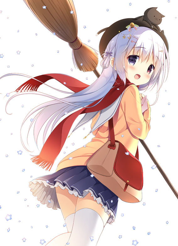 1girl :d animal_on_head bad_id bag blush bow broom cat cat_on_head futaba_miwa hair_bow hair_ornament hairclip hat heterochromia letter long_hair open_mouth original pleated_skirt red_eyes satchel scarf silver_hair simple_background skirt smile solo thigh-highs violet_eyes white_background white_legwear zettai_ryouiki