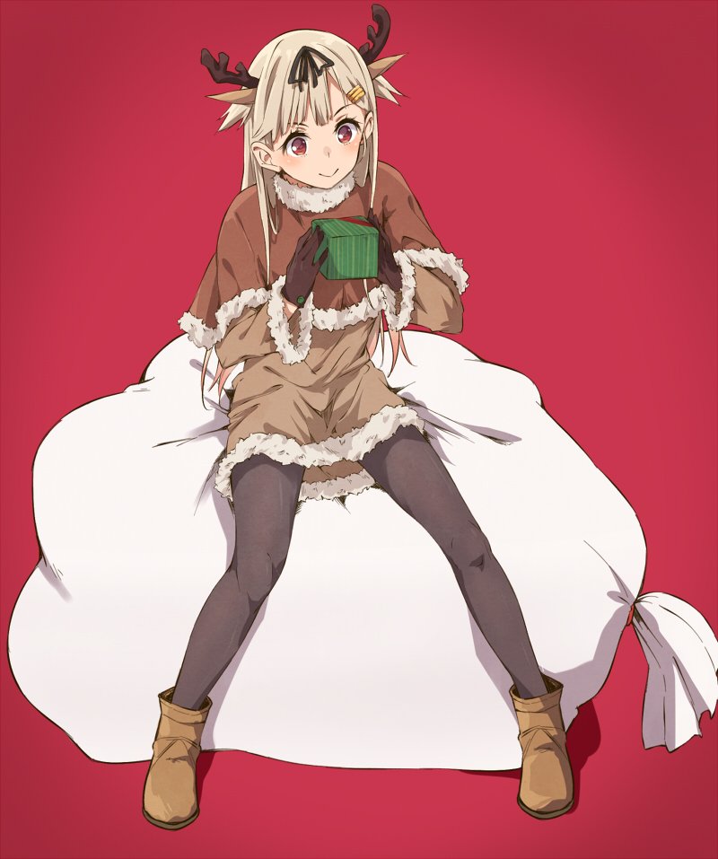 :&gt; antlers black_legwear blonde_hair boots capelet christmas dress extra_ears fur_trim gift haine hair_flaps hair_ornament hair_ribbon hairclip kantai_collection long_hair oversized_object pantyhose red_background red_eyes reindeer_antlers reindeer_ears ribbon sack sitting sitting_on_object smile sweater sweater_dress yuudachi_(kantai_collection)
