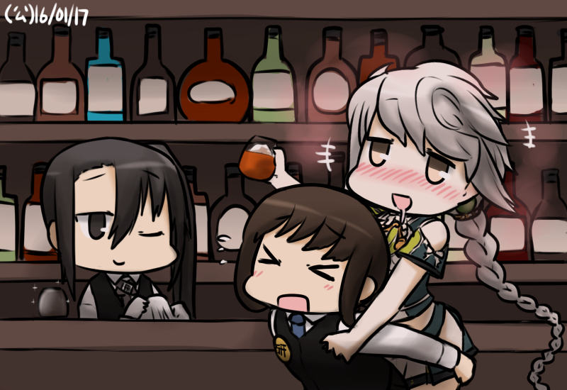 &gt;_&lt; 3girls alcohol bar black_hair blush bottle braid brown_hair closed_eyes comic commentary dated drooling drunk flying_sweatdrops fubuki_(kantai_collection) hamu_koutarou kantai_collection long_hair multiple_girls nachi_(kantai_collection) necktie one_eye_closed side_ponytail silver_hair sparkle unryuu_(kantai_collection) vest