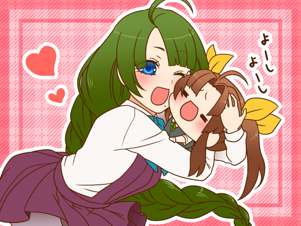 2girls :d =_= ahoge blouse blue_eyes blush bowtie braid brown_hair chibi closed_eyes dress face-to-face gloves green_hair hair_ornament hair_ribbon heart hug kagerou_(kantai_collection) kantai_collection leaning leaning_forward long_hair long_sleeves mole mole_under_mouth multiple_girls one_eye_closed open_mouth pantyhose purple_legwear ribbon school_uniform serafuku single_braid skirt sleeveless sleeveless_dress smile twintails very_long_hair vest white_blouse white_gloves yumaru_(marumarumaru) yuugumo_(kantai_collection)