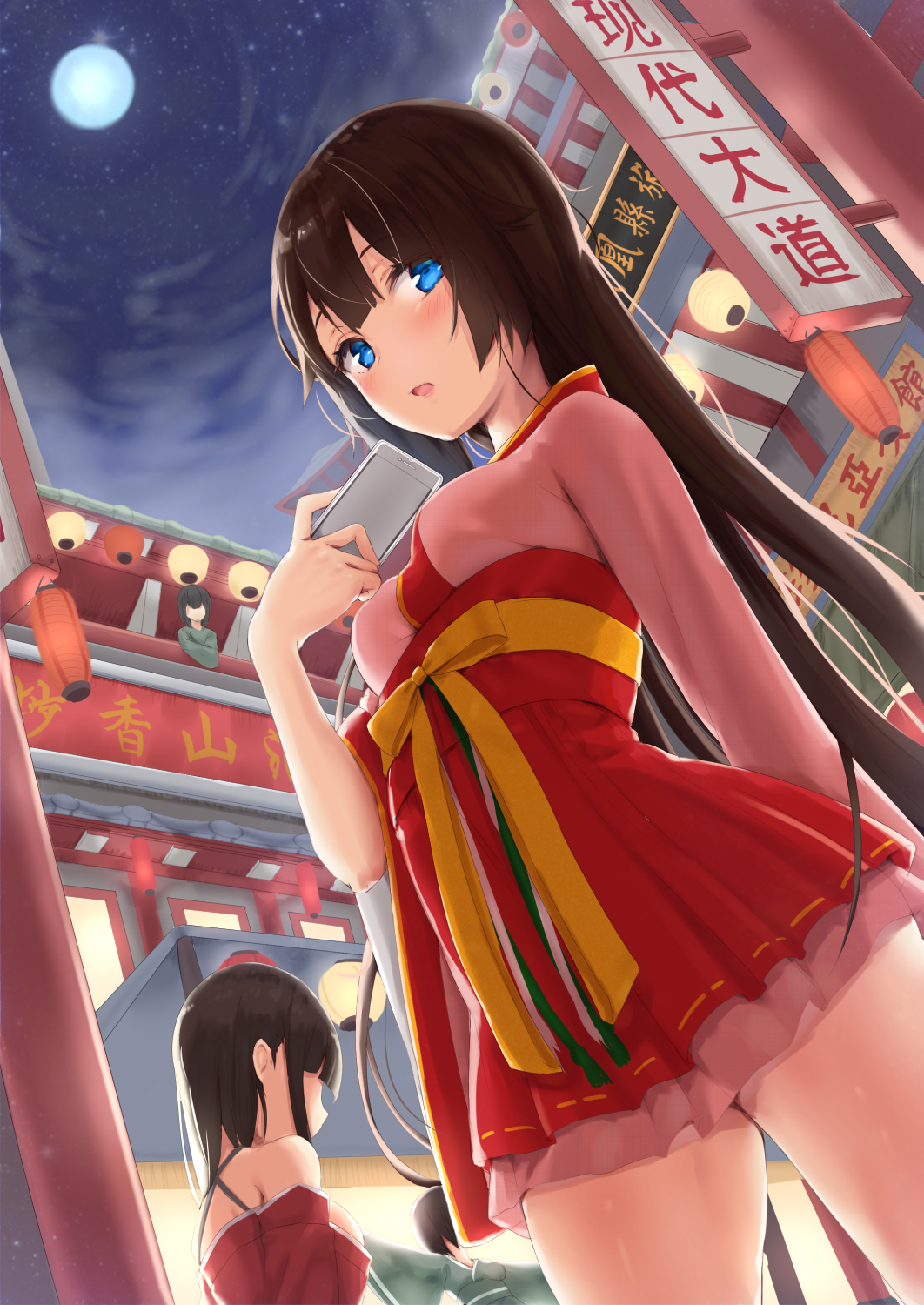 4girls architecture arm_at_side bangs bare_shoulders blue_eyes blush breasts brown_hair building cellphone dress east_asian_architecture faceless faceless_female from_below full_moon hair_between_eyes highres japanese_clothes lamp long_hair looking_at_viewer medium_breasts moon multiple_girls night night_sky open_mouth original outdoors phone reinama short_dress sky small_breasts smartphone star_(sky) starry_sky thighs wide_sleeves