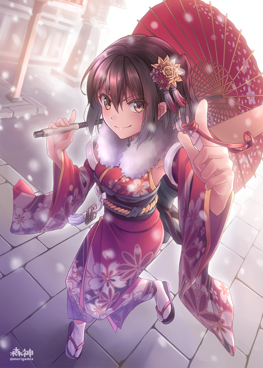 1girl alternate_costume blush brown_eyes brown_hair d-style_wed detached_sleeves furisode hair_ornament highres japanese_clothes kantai_collection kimono looking_at_viewer obi oriental_umbrella pointing pointing_at_viewer revision sandals sash sendai_(kantai_collection) short_hair smile snow solo tabi two_side_up umbrella white_legwear