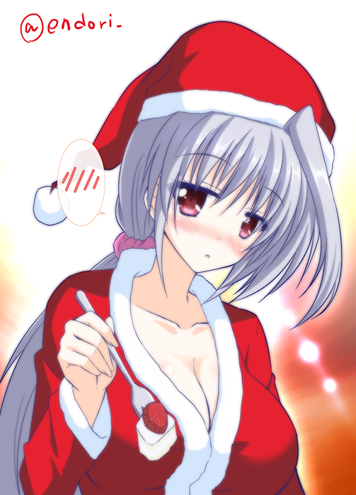 1girl :o blush breasts cleavage endori food fork fruit hat long_hair looking_at_viewer lyrical_nanoha mahou_shoujo_lyrical_nanoha mahou_shoujo_lyrical_nanoha_a's mahou_shoujo_lyrical_nanoha_the_movie_2nd_a's ponytail red_eyes reinforce santa_costume santa_hat silver_hair solo strawberry twitter_username