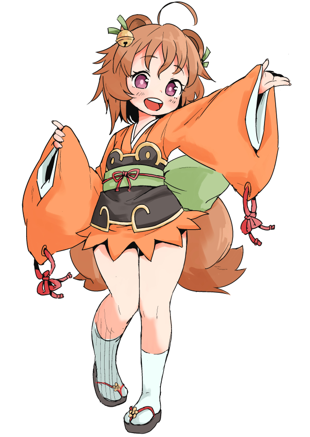 1girl ahoge animal_ears bell blush brown_hair hair_ornament ichihime_moegi japanese_clothes jingle_bell kimono looking_at_viewer multiple_tails nezumi_inu open_mouth outstretched_arm pigeon-toed sandals shinrabanshou short_hair simple_background solo tail violet_eyes white_background