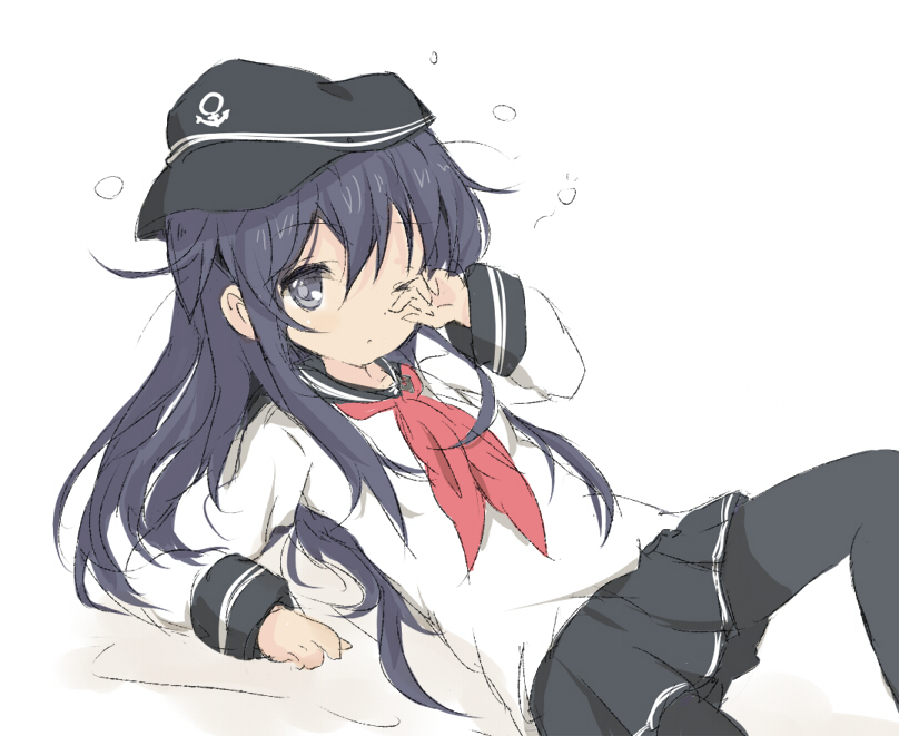 1girl akatsuki_(kantai_collection) anchor_symbol black_legwear black_skirt core_(mayomayo) hat kantai_collection long_hair neckerchief pantyhose purple_hair school_uniform serafuku skirt solo waking_up