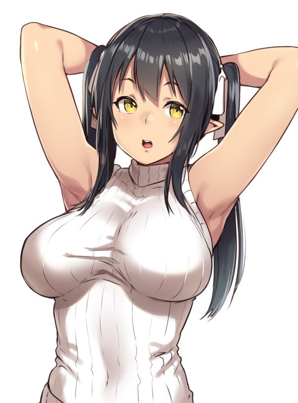 armpits arms_behind_head arms_up black_hair breasts covered_navel elf_(houtengeki) hair_over_breasts hair_ribbon houtengeki large_breasts long_hair open_mouth original pointy_ears ribbed_sweater ribbon shirt sidelocks simple_background sleeveless sleeveless_turtleneck sweater sweater_vest turtleneck twintails white_background yellow_eyes