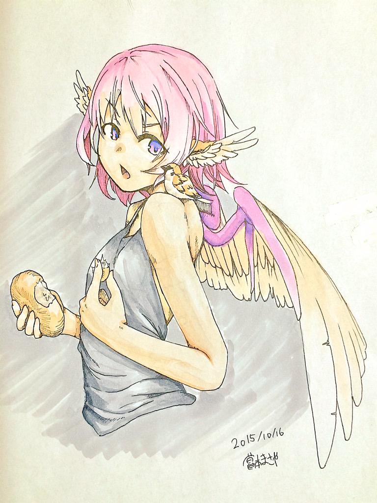 &gt;:o 1girl 2015 :o animal_ears animal_on_shoulder bird bird_on_shoulder bread dated eurasian_tree_sparrow feeding food graphite_(medium) kurehon_shouya marker_(medium) mystia_lorelei no_hat pink_hair short_hair sleeveless solo sparrow touhou traditional_media violet_eyes wings