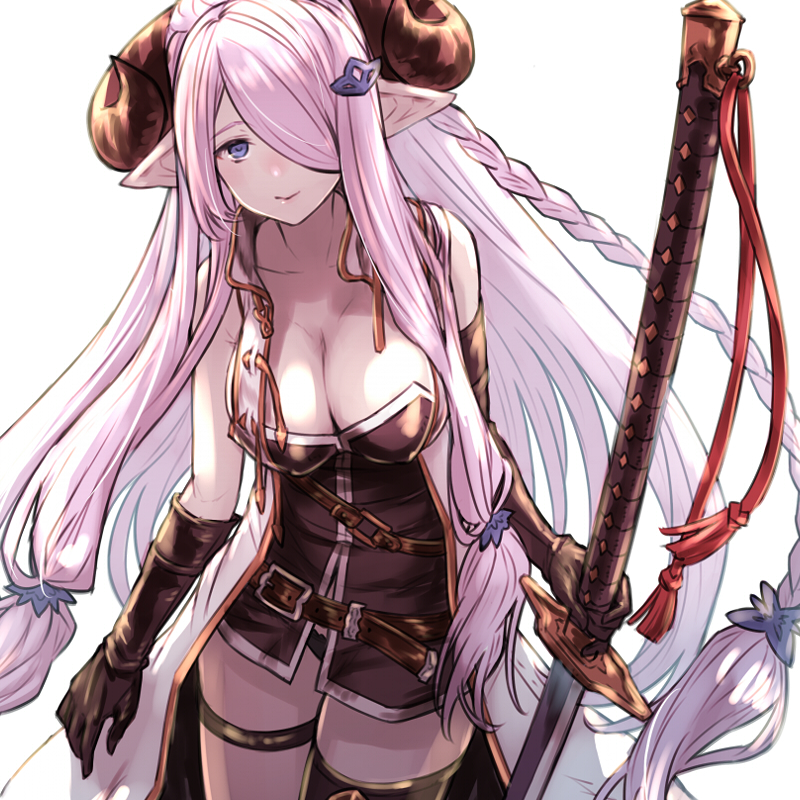 1girl arms_at_sides asymmetric_gloves belt black_dress black_gloves black_panties blue_eyes braid breasts cleavage closed_mouth collarbone cowboy_shot demon_horns dress gloves granblue_fantasy hair_ornament hair_over_one_eye holding_sword holding_weapon horns jacket large_breasts lavender_hair long_hair looking_at_viewer narumeia_(granblue_fantasy) open_clothes open_jacket panties pantyshot pantyshot_(standing) pink_lips pointy_ears robo8 short_dress simple_background single_braid single_thighhigh sleeveless smile solo standing sword tassel thigh-highs thigh_strap underwear untied very_long_hair weapon white_background