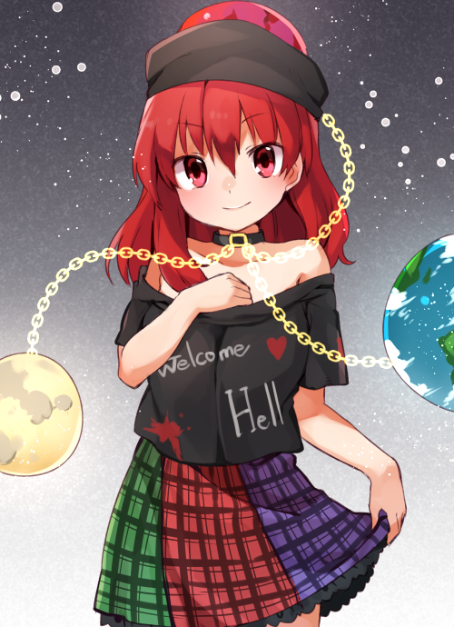 1girl akagashi_hagane bare_shoulders chain clothes_writing collar earth_(ornament) gradient gradient_background hat hecatia_lapislazuli looking_at_viewer moon_(ornament) off_shoulder plaid plaid_skirt red_eyes redhead shirt short_hair short_sleeves skirt skirt_lift smile solo t-shirt touhou