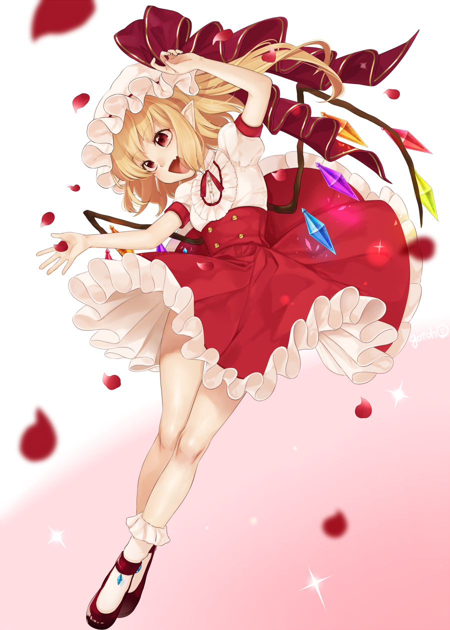 1girl :d adapted_costume ballerina blonde_hair blurry bow center_frills crystal fang flandre_scarlet flat_chest frilled_skirt frills gem gotoh510 gradient gradient_background hat hat_bow hat_ribbon high-waist_skirt highres long_hair mob_cap neck_ribbon one_side_up open_mouth outstretched_arms petals pointy_ears puffy_short_sleeves puffy_sleeves red_bow red_eyes red_ribbon red_shoes red_skirt ribbon shirt shoes short_sleeves simple_background skirt skirt_lift smile socks solo sparkle touhou upskirt white_hat white_legwear white_shirt wings