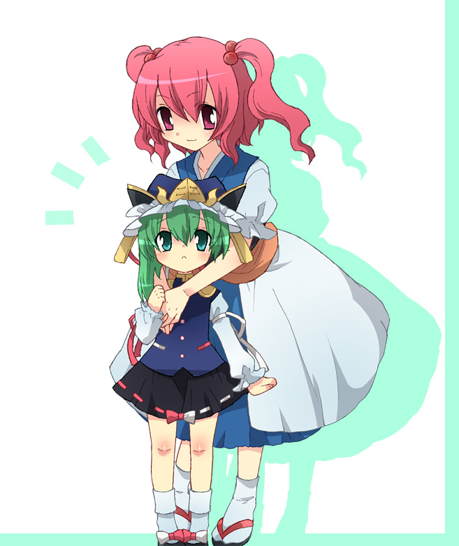 2girls =&lt; =3 artist_request bad_id blue_eyes blush green_hair hair_bobbles hair_ornament hug hug_from_behind japanese_clothes multiple_girls onozuka_komachi red_eyes redhead shiki_eiki size_difference touhou twintails |||