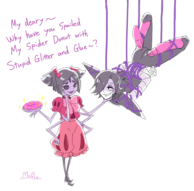 1boy 1girl artist_name bdsm black_hair bound bound_arms doughnut english extra_arms extra_eyes fangs food glitter grin hand_on_another's_face hand_on_own_face hato_moa insect_girl mettaton mettaton-ex muffet nervous nervous_smile short_twintails silk smile spider_girl spider_web tied_up twintails undertale