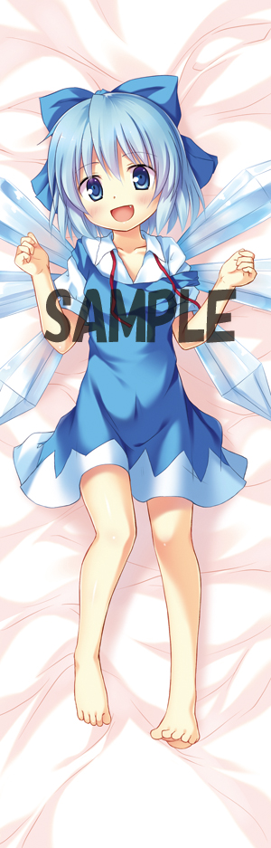 1girl :d bare_legs barefoot bed_sheet blue_bow blue_dress blue_eyes blue_hair bow cirno dakimakura dress fang hair_bow ice ice_wings large_bow looking_at_viewer lying on_back open_mouth sample short_hair smile solo touhou wings yukino_minato