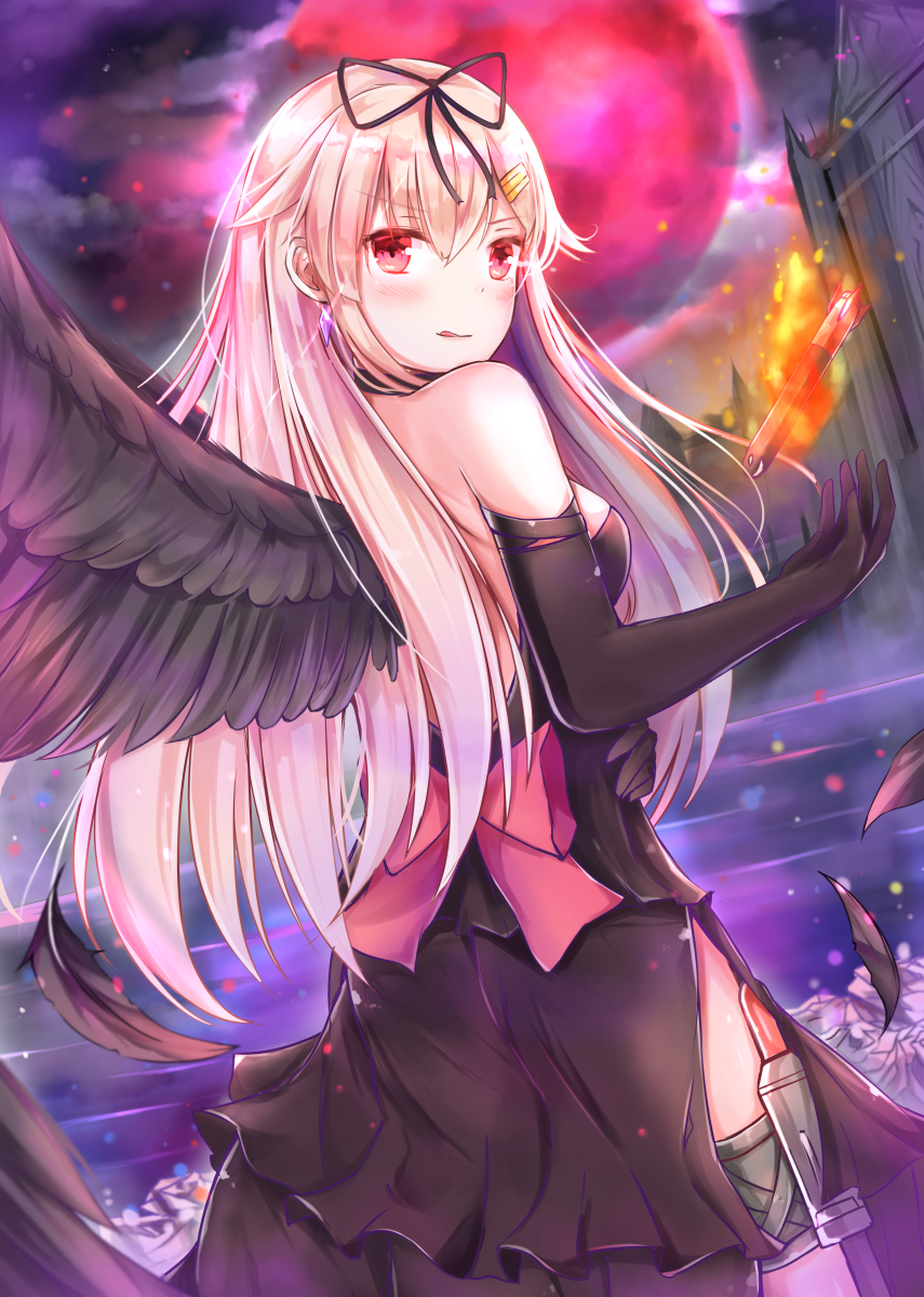 1girl akuma_homura_(cosplay) back bare_back bare_shoulders blonde_hair blush bow dress elbow_gloves gloves hair_bow highres kantai_collection long_hair looking_at_viewer looking_back mahou_shoujo_madoka_magica md5_mismatch red_eyes ribbon solo tailam thigh_strap tongue tongue_out torpedo wings yuudachi_(kantai_collection)