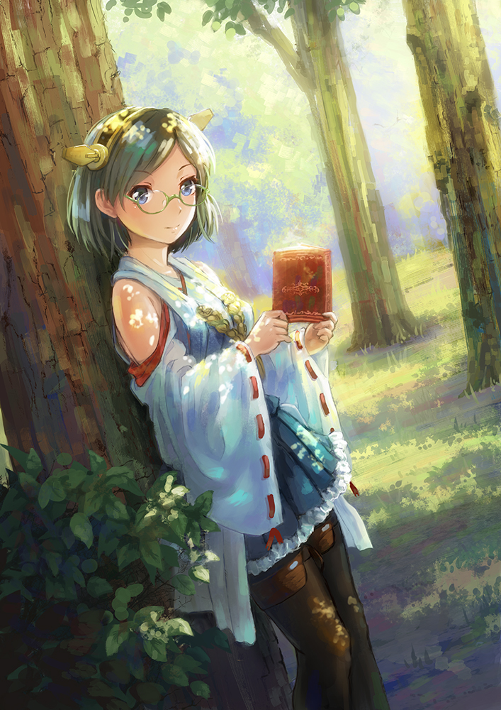 1girl bangs black_hair black_legwear blue_eyes blush closed_mouth dappled_sunlight detached_sleeves dutch_angle glasses grass green-framed_glasses hairband hakama_skirt headgear holding japanese_clothes kantai_collection kirishima_(kantai_collection) leaf looking_at_viewer miyai_haruki nontraditional_miko outdoors pantyhose parted_bangs pleated_skirt red_ribbon ribbon ribbon-trimmed_sleeves ribbon_trim short_hair skirt smile solo standing thigh-highs thigh_strap tree tree_shade under_tree