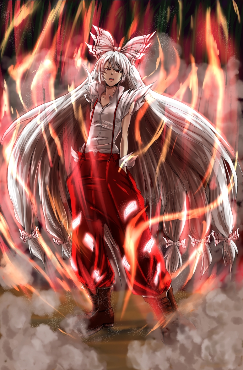 &gt;:o 1girl :o baggy_pants boots fire fujiwara_no_mokou full_body futagojima hair_ribbon long_hair low-tied_long_hair open_mouth pants red_pants ribbon shirt silver_hair smoke solo standing suspenders torn_clothes torn_sleeves touhou tress_ribbon very_long_hair white_shirt