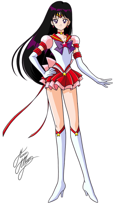 1girl bishoujo_senshi_sailor_moon black_hair boots bow brooch choker earrings elbow_gloves full_body gloves hand_on_hip hino_rei jewelry knee_boots long_hair looking_at_viewer magical_girl marco_albiero pink_bow pleated_skirt purple_bow red_skirt sailor_collar sailor_mars signature skirt smile solo standing super_sailor_mars_(stars) tiara violet_eyes white_background white_boots white_gloves