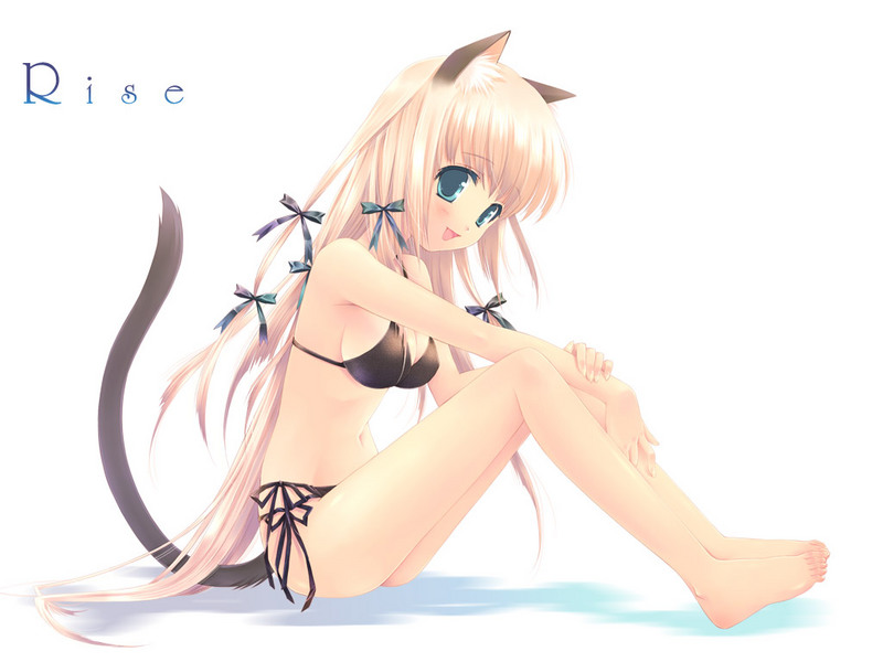 bare_feet bikini blonde_hair blue_eyes blush cat_ears catgirl nekomimi original ribbon sitting swimsuit tail touto_seiro