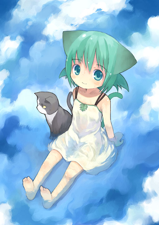 animal_ears aqua_eyes barefeet barefoot cat cat_ears cat_tail catgirl feet green_eyes green_hair kito loli nekomimi original reflection solo tail water white_dress