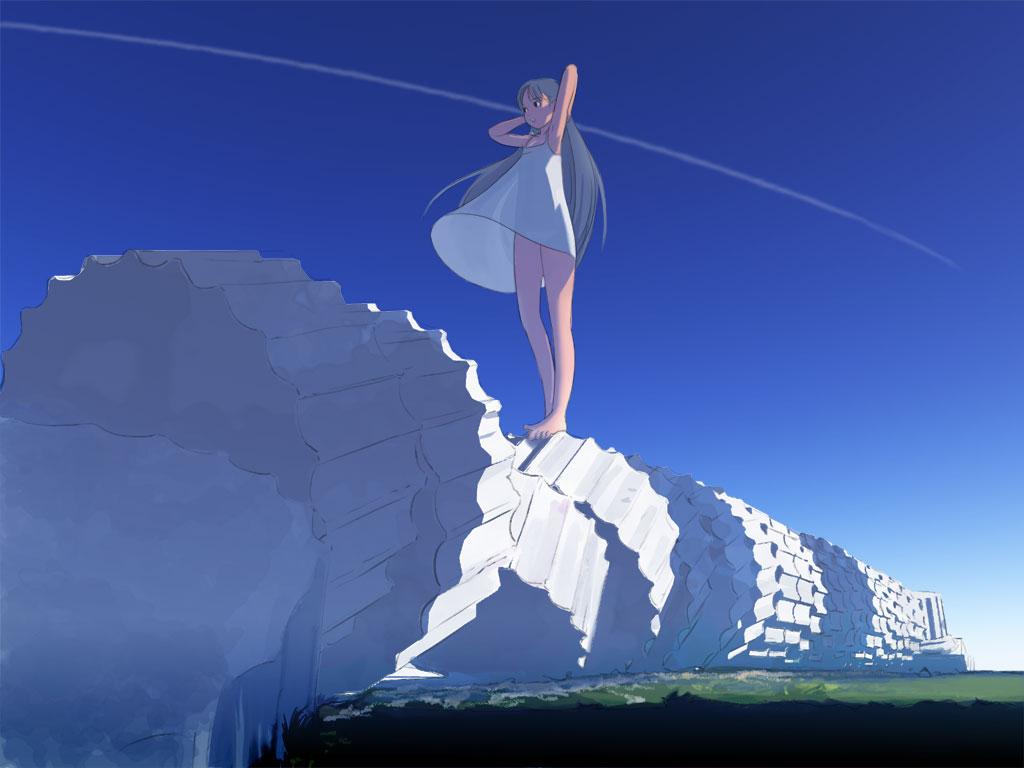 1girl armpits arms_up artist_request bare_shoulders dress loli long_hair scenic see-through sky solo wallpaper