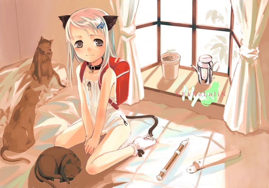 artist_request backpack bag bell blonde_hair brown_eyes camisole cat cat_ears catgirl child collar hair_ornament hairpin instrument loli nekomimi plant potted_plant randoseru recorder tail white_dress window