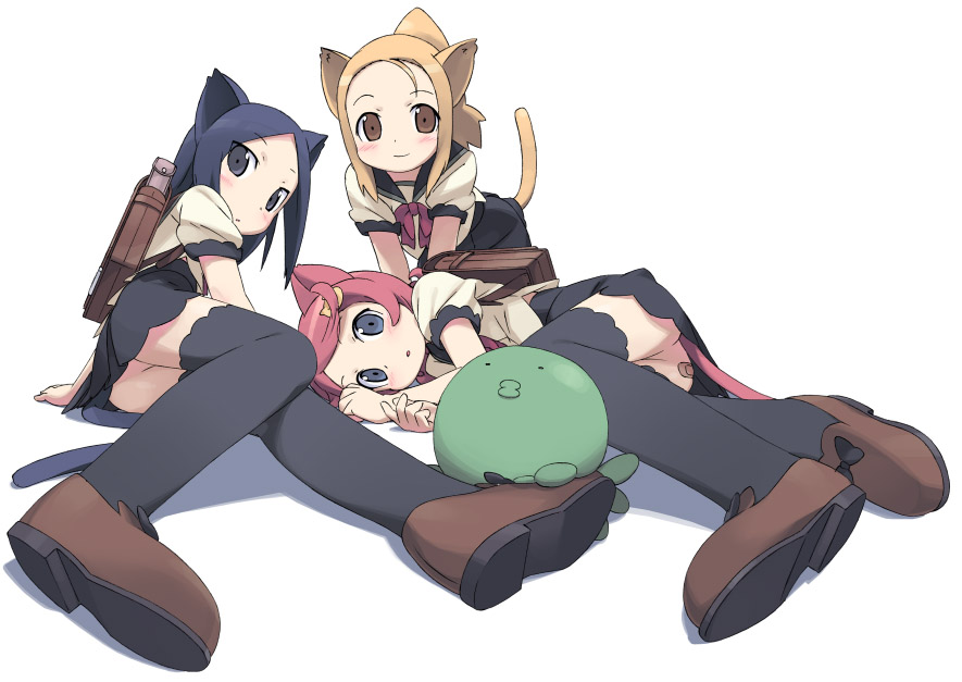 animal_ears bandaid black_hair blonde_hair blue_eyes blue_hair blush brown_eyes cat_ears catgirl kanzaki_hiro loli lying multiple_girls nekomimi no_panties randoseru red_hair redhead school_uniform seifuku tail thigh_highs thighhighs