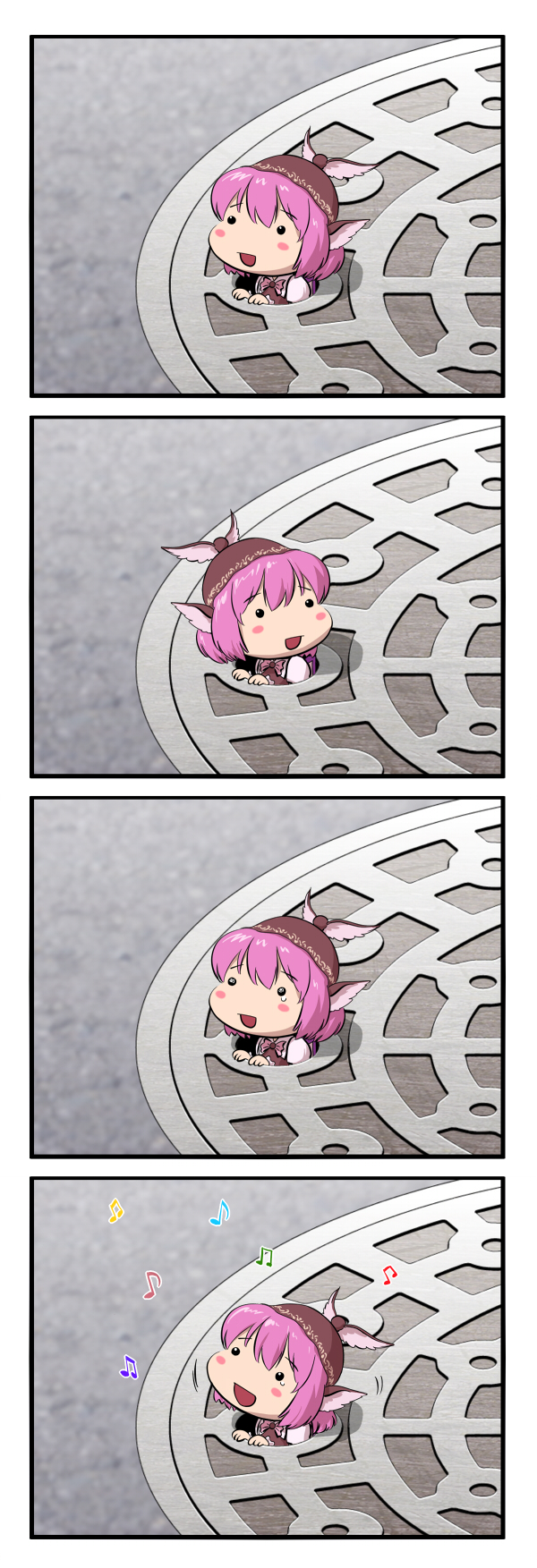 animal_ears chibi comic hat highres manhole minigirl musical_note mystia_lorelei ogu_(oguogu) ogu_(pixiv136937) pink_hair silent_comic singing solo stuck tear tears touhou