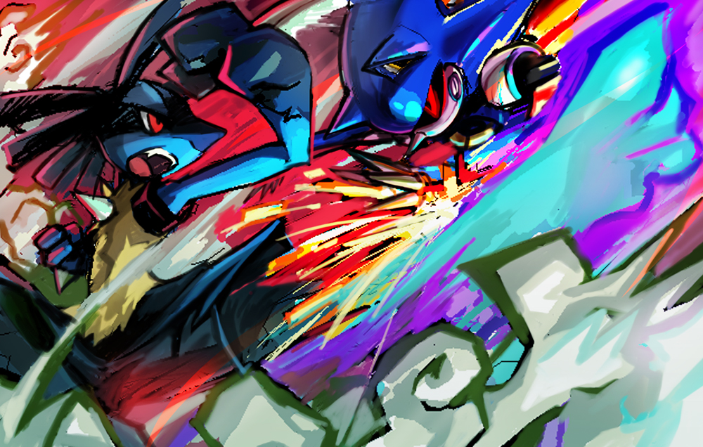 battle crossover lucario mecha metal_sonic pokemon red_eyes sonic_the_hedgehog spikes