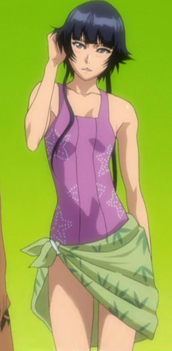 adjusting_hair black_hair bleach blush cap grey_eyes one-piece sarong soifon stitched swimsuit twintails