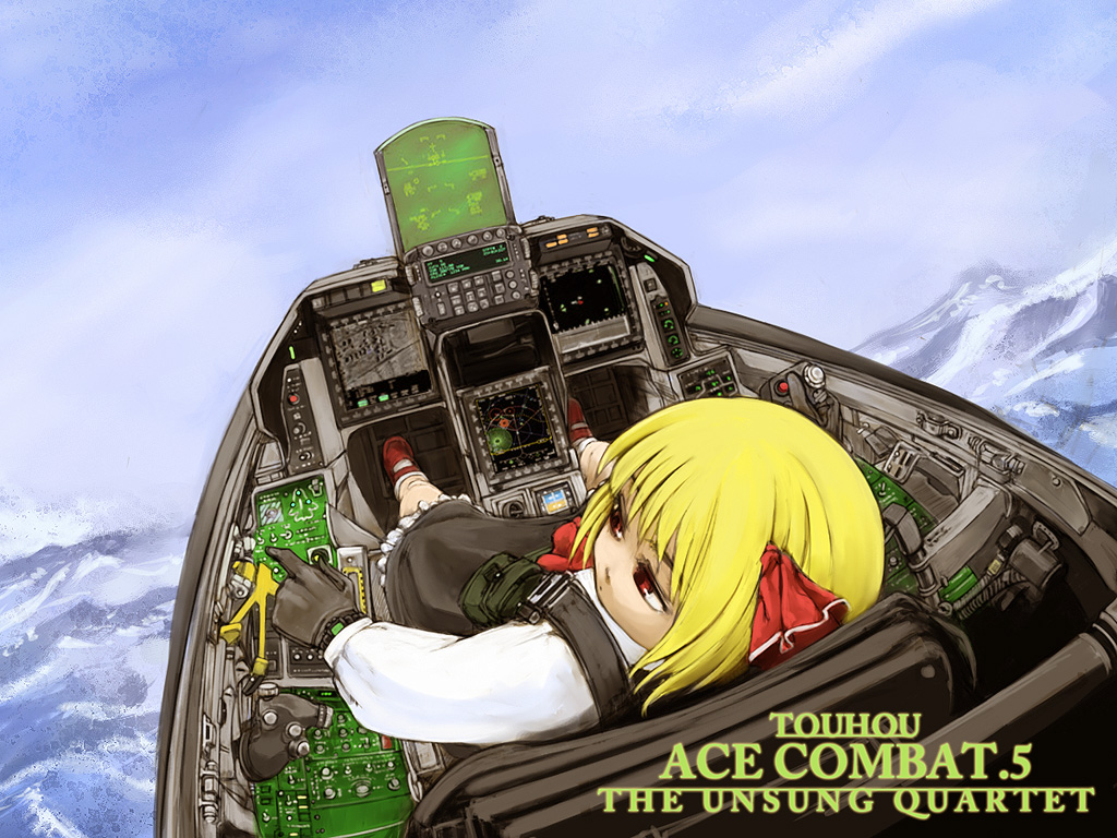 ace_combat_5 airplane blonde_hair cervus cockpit f-16 flying glass_cockpit gloves gps hair_ribbon heads-up_display joystick mountain parody red_eyes ribbon rumia short_hair sky touhou