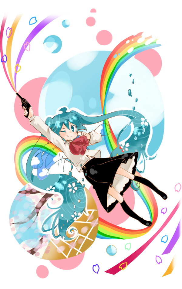 ahoge aqua_eyes aqua_hair bad_id gun hatsune_miku long_hair maple maple_(cyakapon) petals rainbow skirt smile socks solo twintails vocaloid water weapon wink