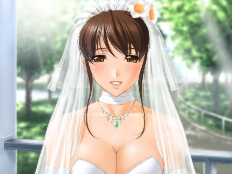 breasts bridal_veil bride brown_eyes brown_hair cleavage dress elbow_gloves game_cg gloves huge_breasts jewelry necklace queen_bonjourno sakurazaka_megumi sano_toshihide smile veil wedding_dress