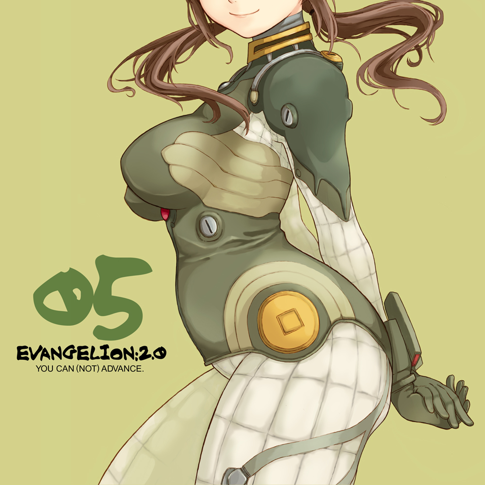 arms_behind breasts brown_hair curvy evangelion:_2.0_you_can_(not)_advance head_out_of_frame large_breasts long_hair makinami_mari_illustrious neon_genesis_evangelion plugsuit plump rebuild_of_evangelion smile solo takagi_hideaki twintails