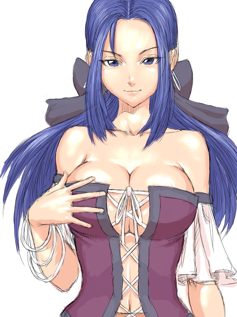blue_eyes blue_hair bow bracelet breasts cleavage corset detached_sleeves dragon_quest dragon_quest_ix earrings hair_bow humio jewelry large_breasts long_hair ruida simple_background sketch solo